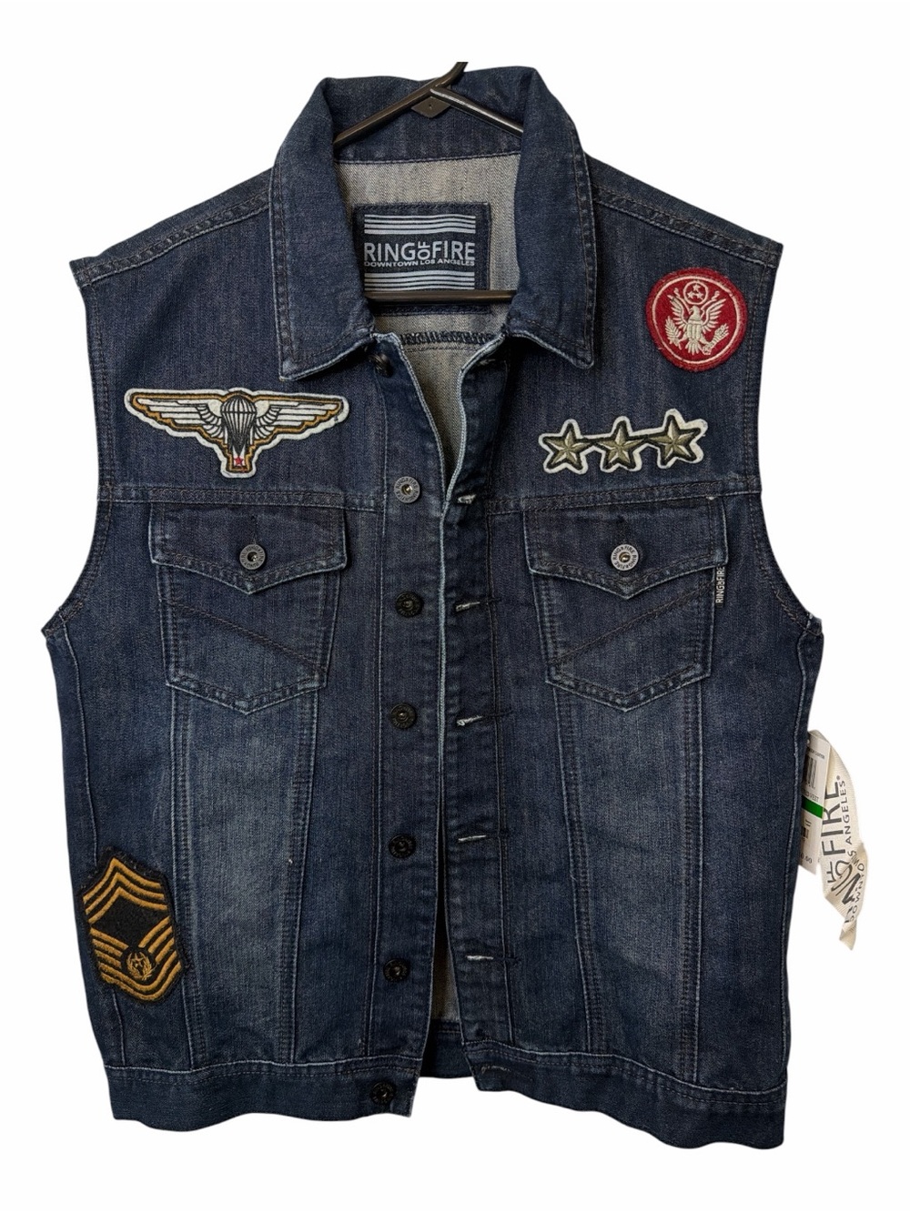 Ring of Fire Balina Denim Vest with Patches Size Large NWT